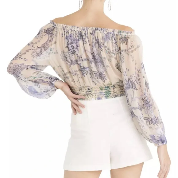Secret Mission Cassandra Off The Shoulder Floral chiffon long sleeve top size M - Picture 2 of 4